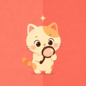 Hue - the kitten mascot with a magnifying glass comparing two nearly identical shades of coral