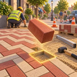 A terracotta paving block dropping into its glowing slot on a half-finished herringbone sidewalk, with a paver at work, a pallet of blocks and traffic cones on a sunlit city street.
