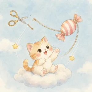 Snip - a watercolor kitten on a cloud reaching for a striped candy swinging on a rope just cut by scissors